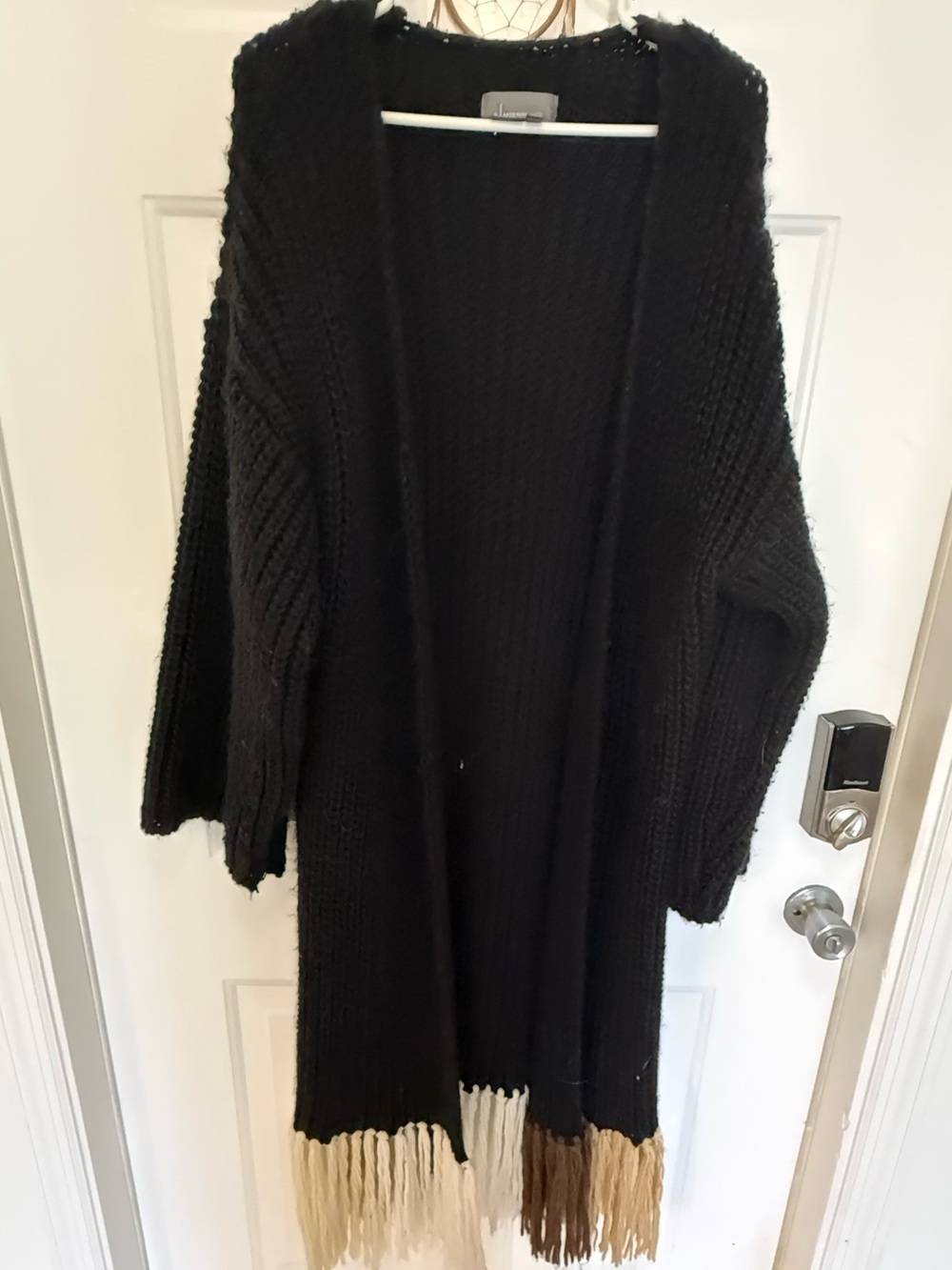 Anthropologie Black Open-Front Knit Cardigan with Three-Tone Fringe